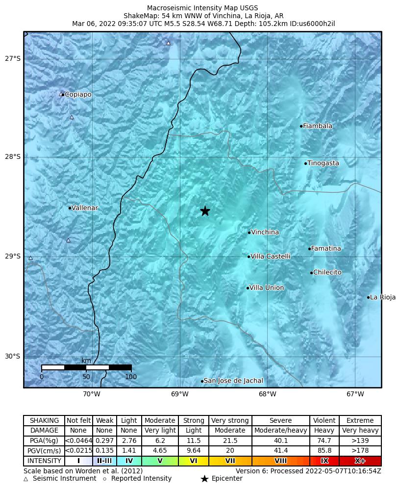 USGS ShakeMap intensity contours for the M5.5 earthquake near 54 km WNW of Vinchina, Argentina