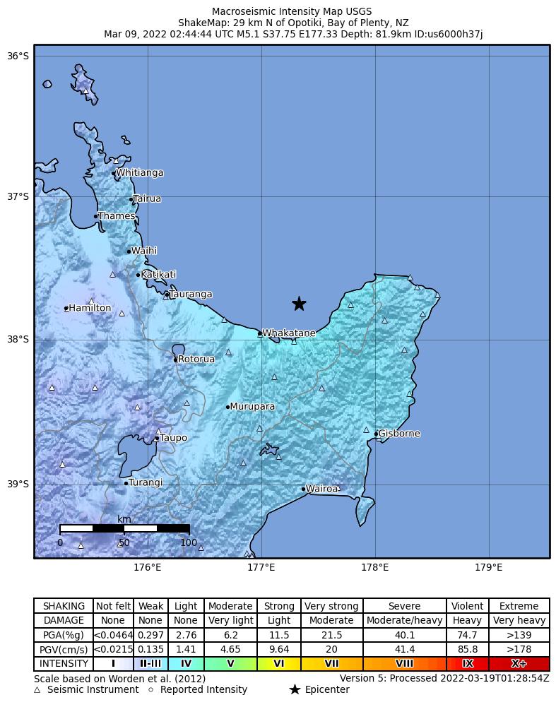 USGS ShakeMap intensity contours for the M5.1 earthquake near 29 km N of Opotiki, New Zealand