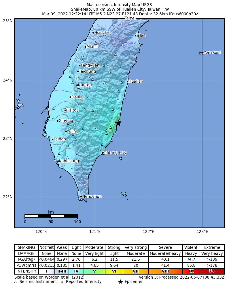 USGS ShakeMap intensity contours for the M5.2 earthquake near 80 km SSW of Hualien City, Taiwan