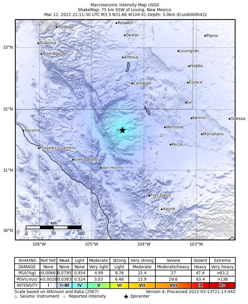 USGS ShakeMap intensity contours for the M3.2 earthquake near 54 km S of Whites City, New Mexico