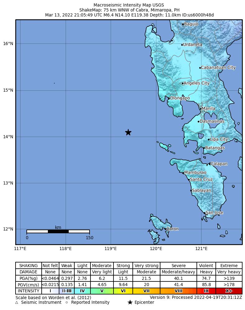 USGS ShakeMap intensity contours for the M6.4 earthquake near 75 km WNW of Cabra, Philippines