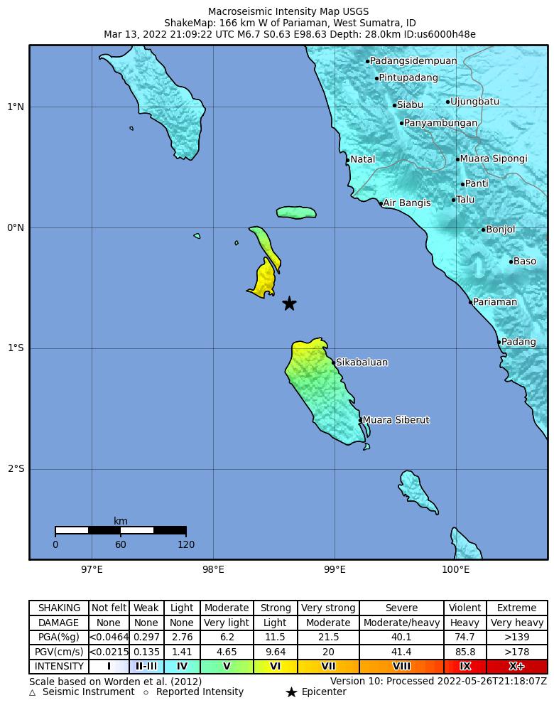 USGS ShakeMap intensity contours for the M6.7 earthquake near 166 km W of Pariaman, Indonesia