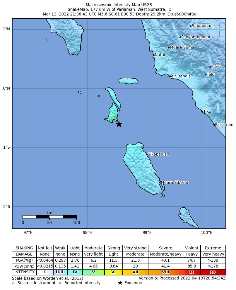 USGS ShakeMap intensity contours for the M5.6 earthquake near 177 km W of Pariaman, Indonesia