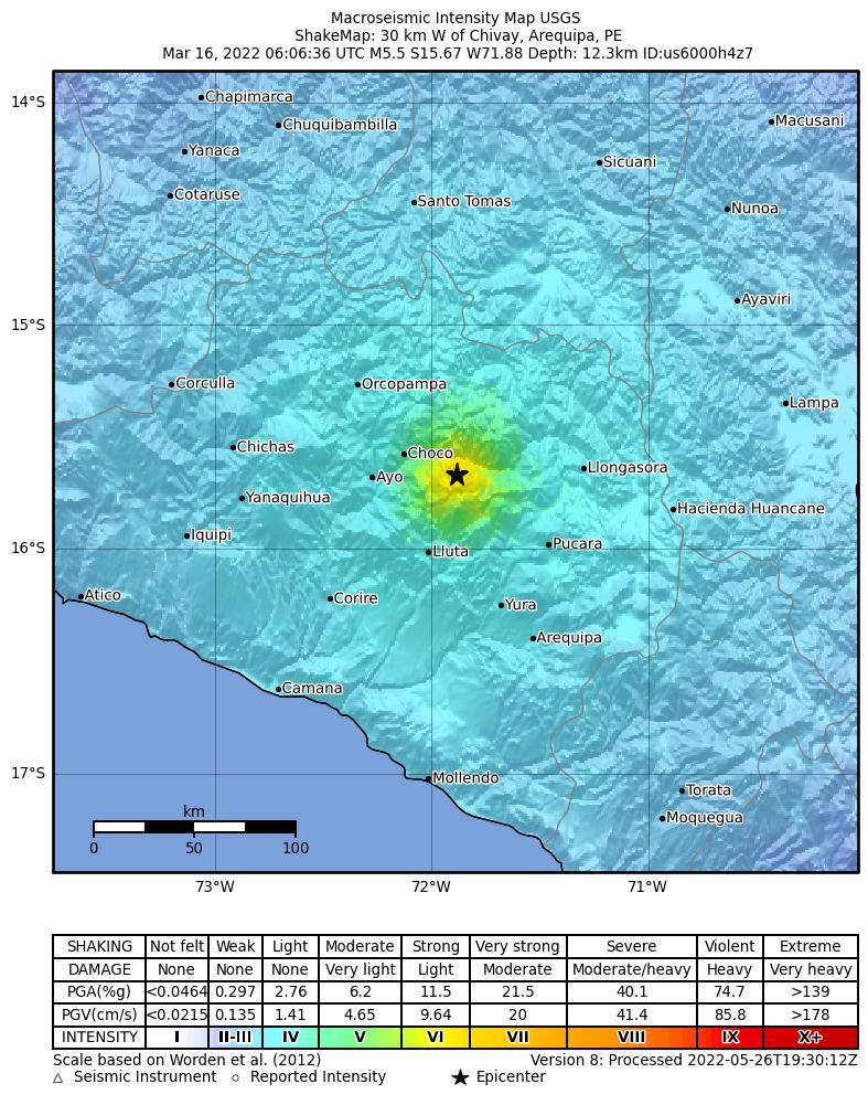 USGS ShakeMap intensity contours for the M5.5 earthquake near 10 km SW of Madrigal, Peru