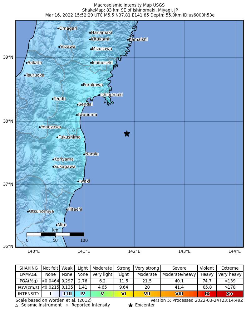 USGS ShakeMap intensity contours for the M5.5 earthquake near 83 km SE of Ishinomaki, Japan