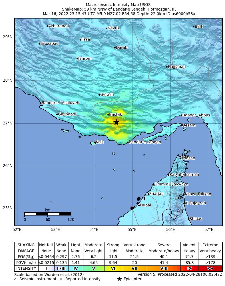 USGS ShakeMap intensity contours for the M5.9 earthquake near 59 km NNW of Bandar-e Lengeh, Iran