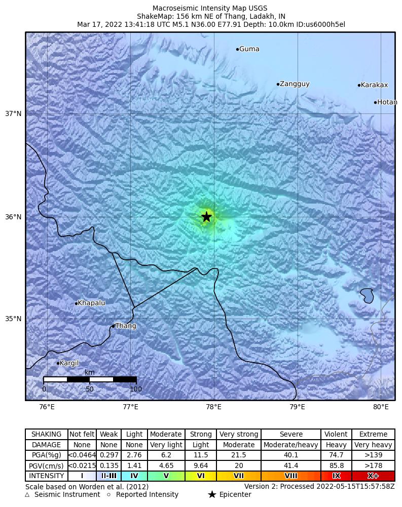 USGS ShakeMap intensity contours for the M5.1 earthquake near 156 km NE of Thang, India