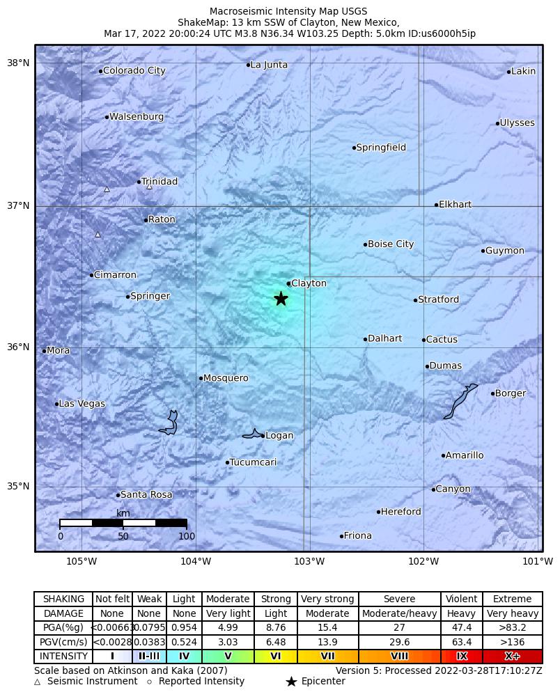 USGS ShakeMap intensity contours for the M3.8 earthquake near 13 km SSW of Clayton, New Mexico