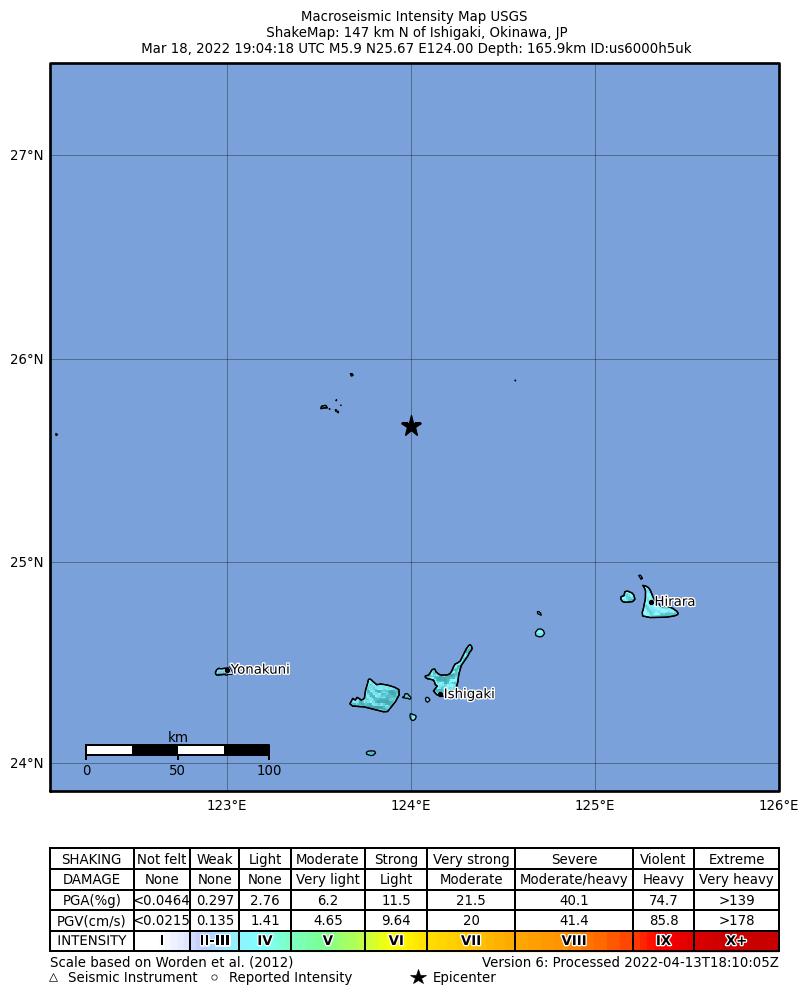 USGS ShakeMap intensity contours for the M5.9 earthquake near 147 km N of Ishigaki, Japan