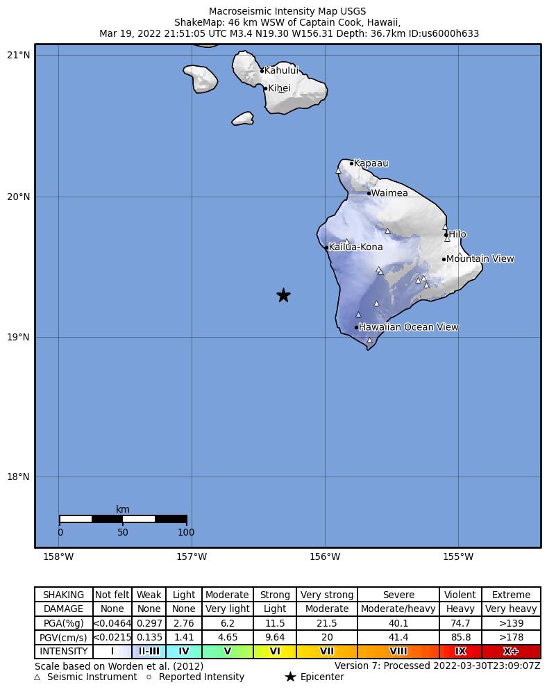 USGS ShakeMap intensity contours for the M3.5 earthquake near 55 km WSW of Captain Cook, Hawaii