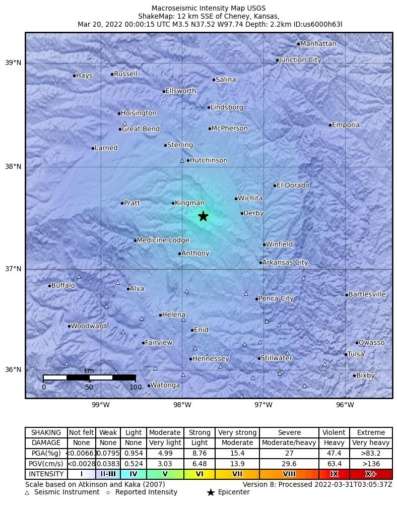 USGS ShakeMap: estimated shaking intensity around the epicenter