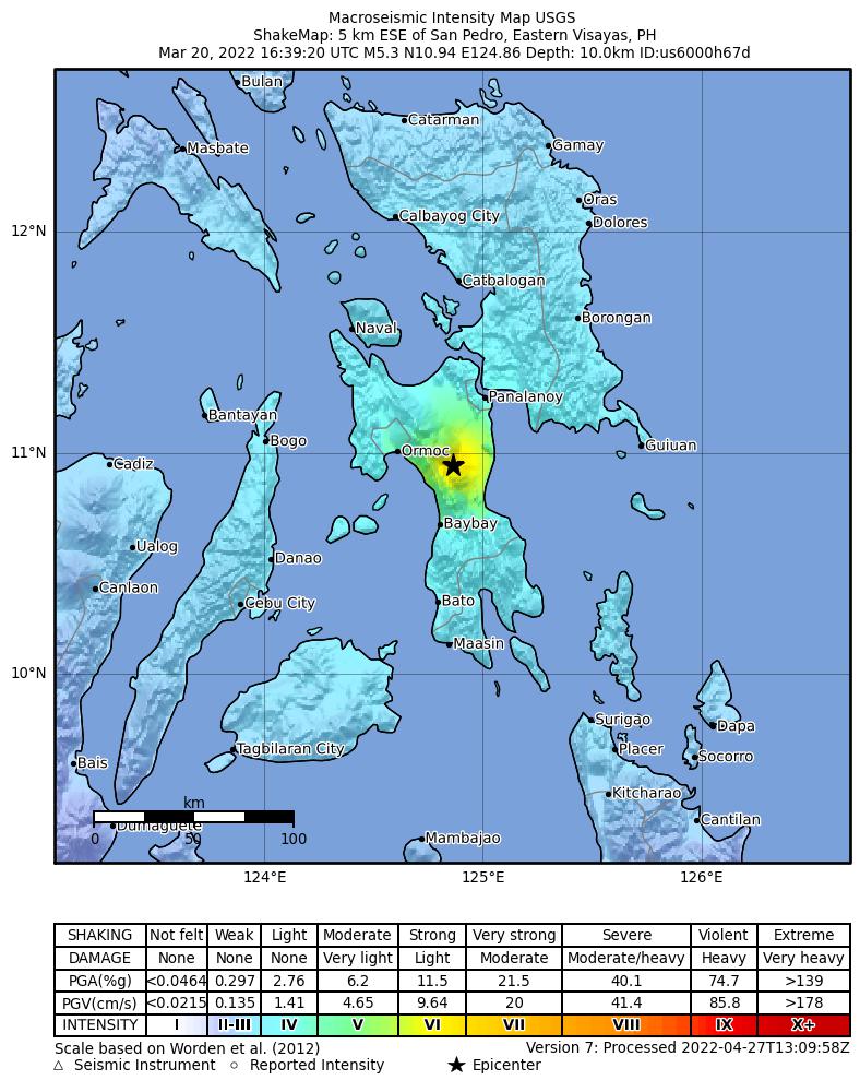 USGS ShakeMap intensity contours for the M5.3 earthquake near Leyte, Philippines