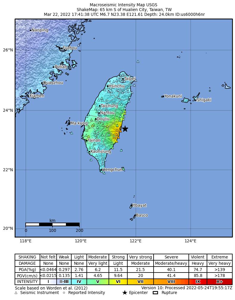 USGS ShakeMap intensity contours for the M6.7 earthquake near 65 km S of Hualien City, Taiwan
