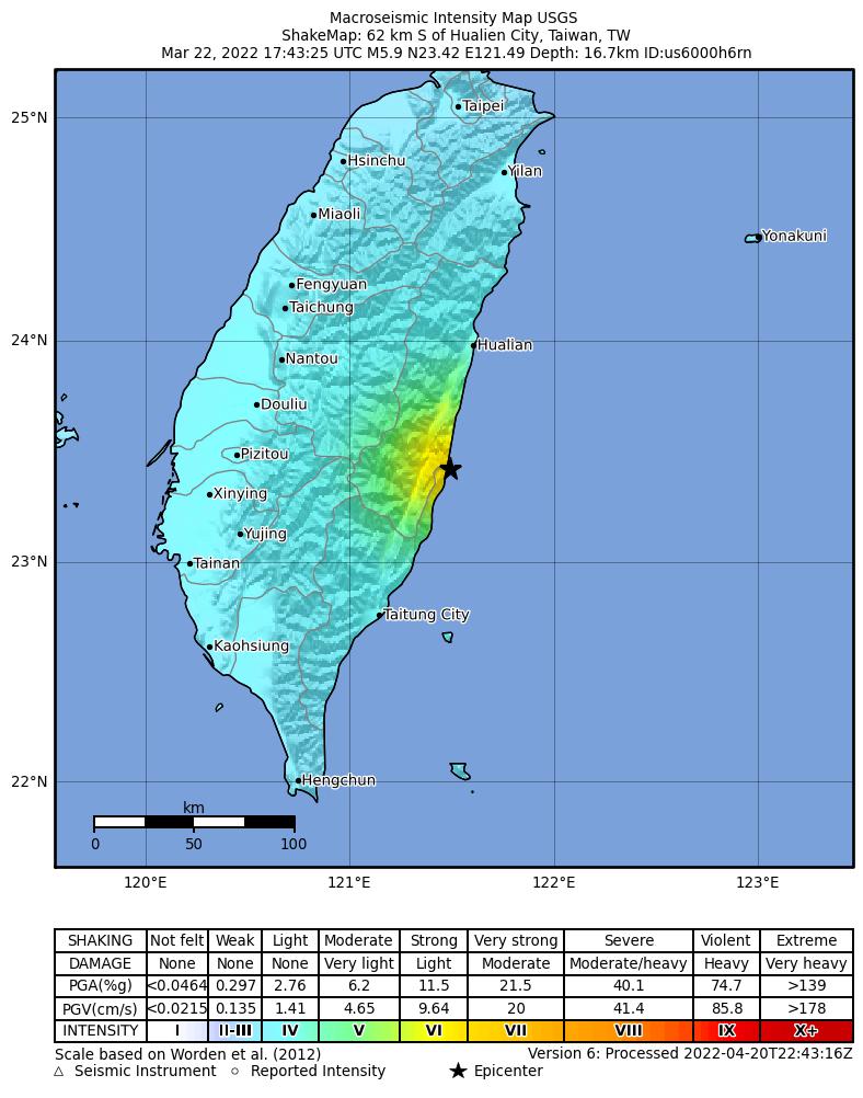 USGS ShakeMap intensity contours for the M5.9 earthquake near 62 km S of Hualien City, Taiwan