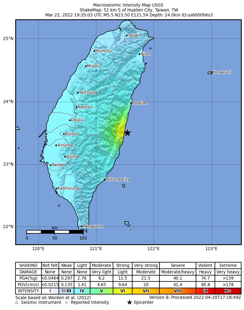USGS ShakeMap intensity contours for the M5.5 earthquake near 52 km S of Hualien City, Taiwan