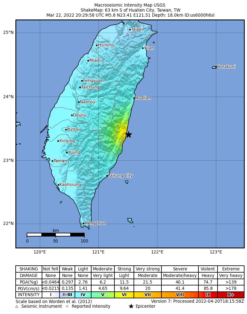 USGS ShakeMap intensity contours for the M5.8 earthquake near 63 km S of Hualien City, Taiwan