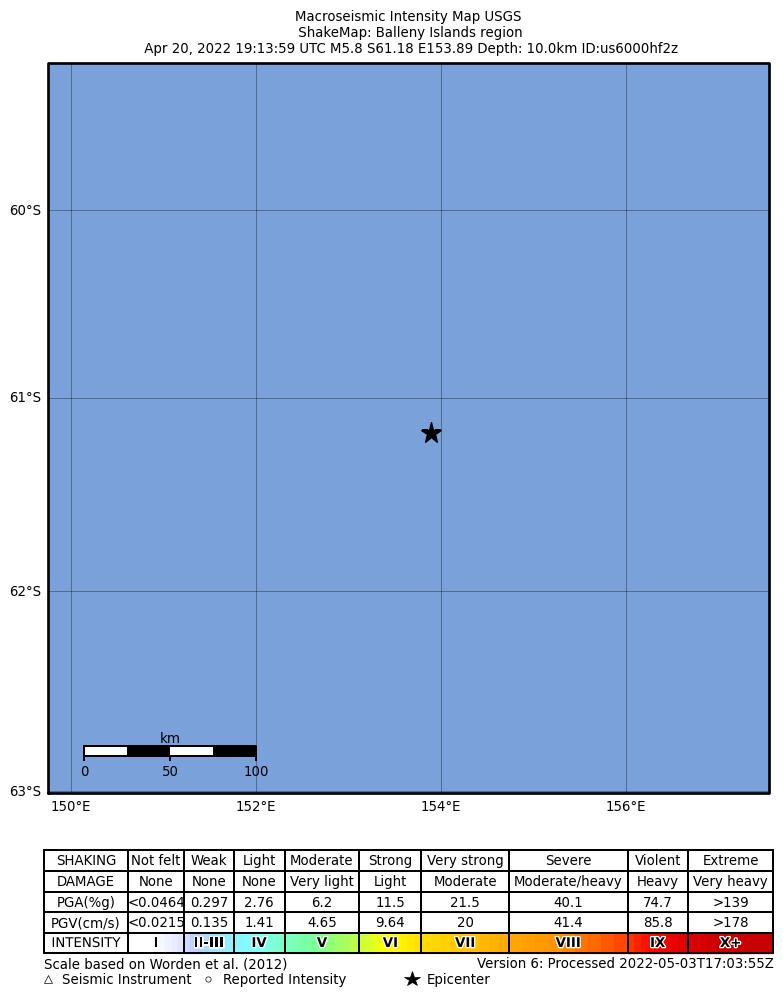 USGS ShakeMap intensity contours for the M5.8 earthquake near Balleny Islands region