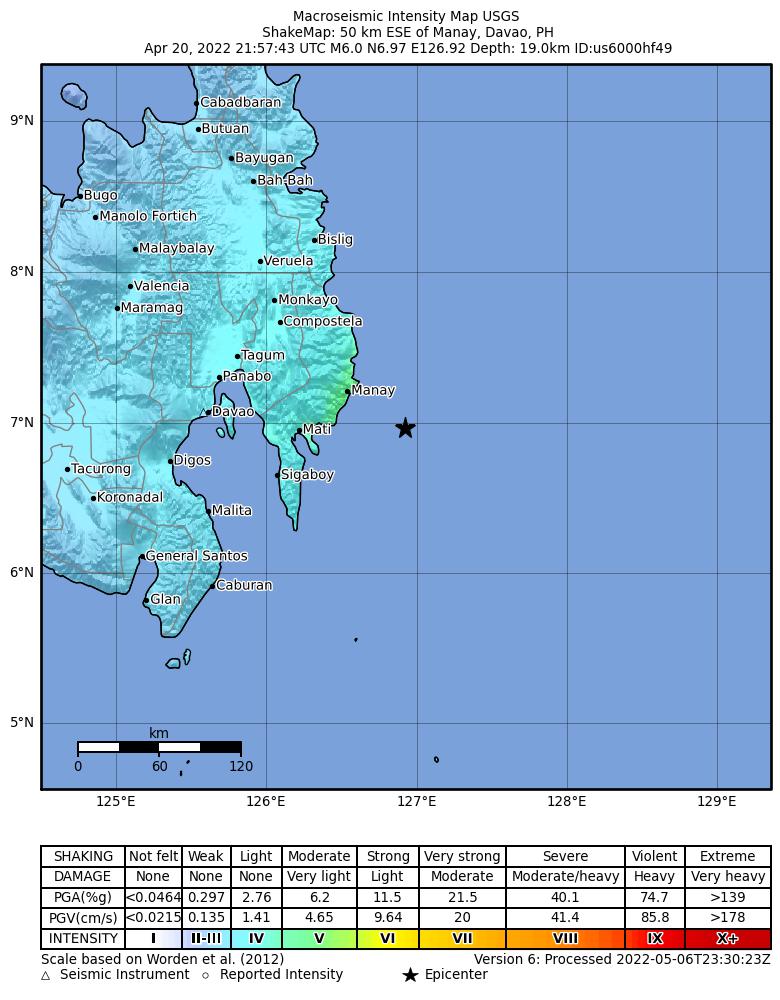 USGS ShakeMap intensity contours for the M6.0 earthquake near 50 km ESE of Manay, Philippines