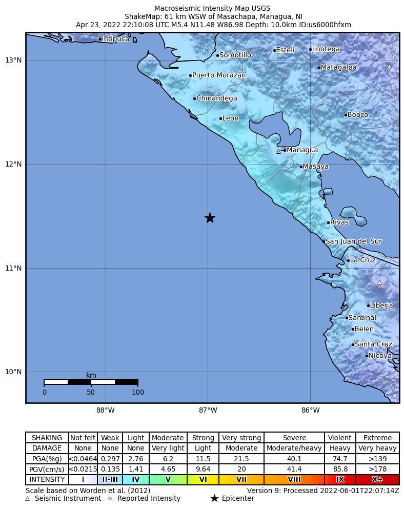 USGS ShakeMap intensity contours for the M5.4 earthquake near 61 km WSW of Masachapa, Nicaragua