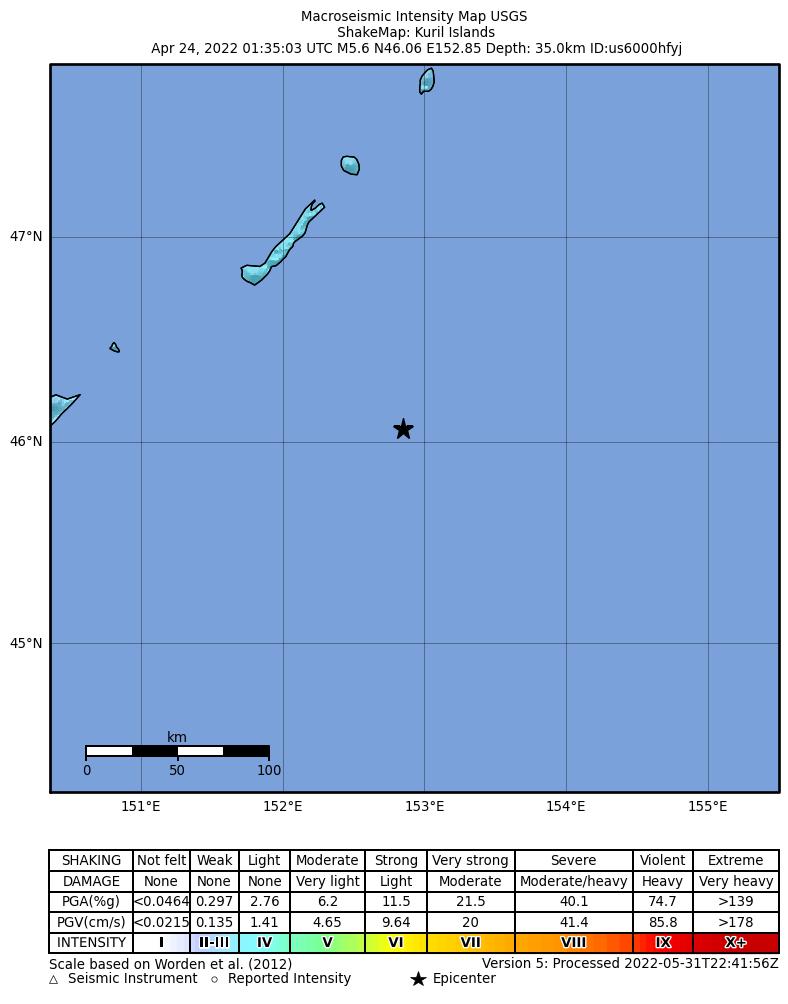 USGS ShakeMap intensity contours for the M5.6 earthquake near Kuril Islands