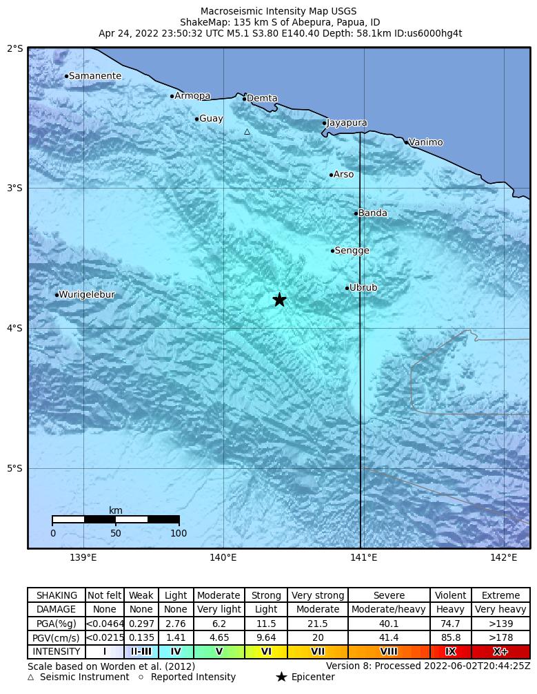 USGS ShakeMap intensity contours for the M5.1 earthquake near 135 km S of Abepura, Indonesia
