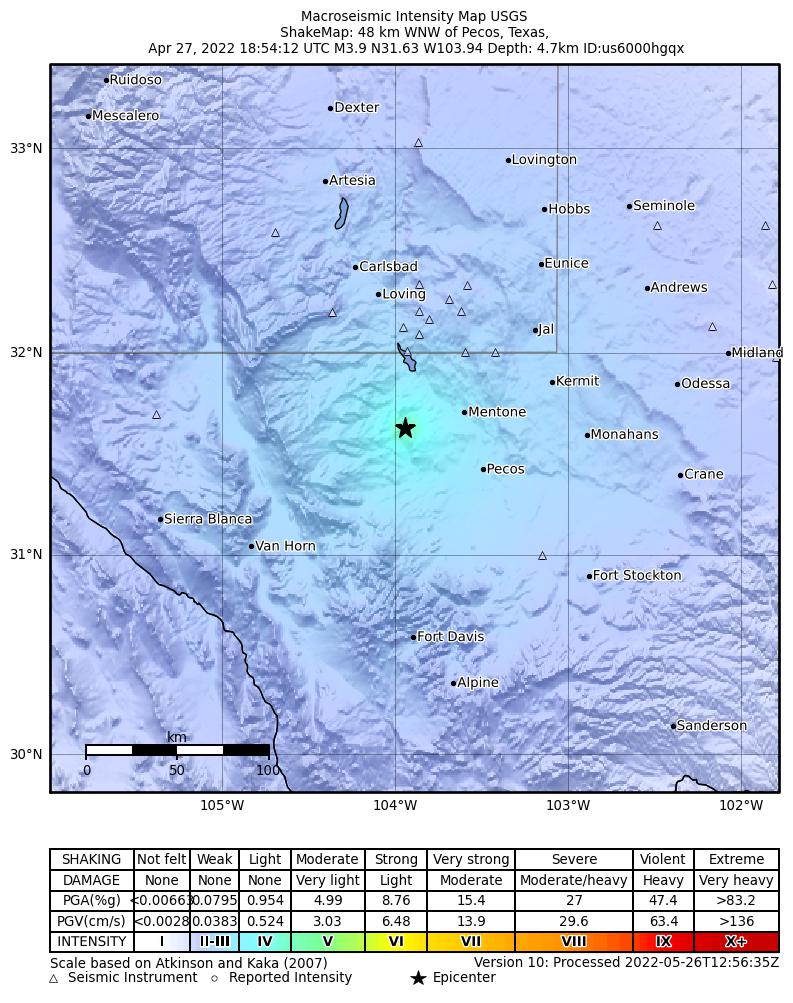 USGS ShakeMap intensity contours for the M4.0 earthquake near 37 km WSW of Mentone, Texas