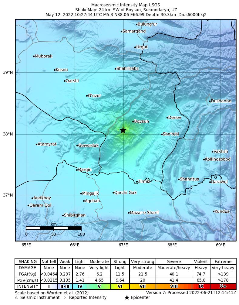 USGS ShakeMap intensity contours for the M5.3 earthquake near 24 km SW of Boysun, Uzbekistan