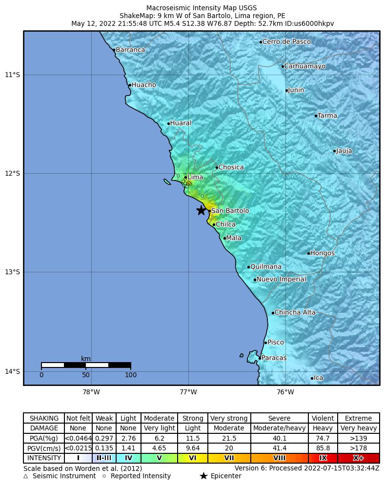 USGS ShakeMap intensity contours for the M5.4 earthquake near 9 km W of San Bartolo, Peru