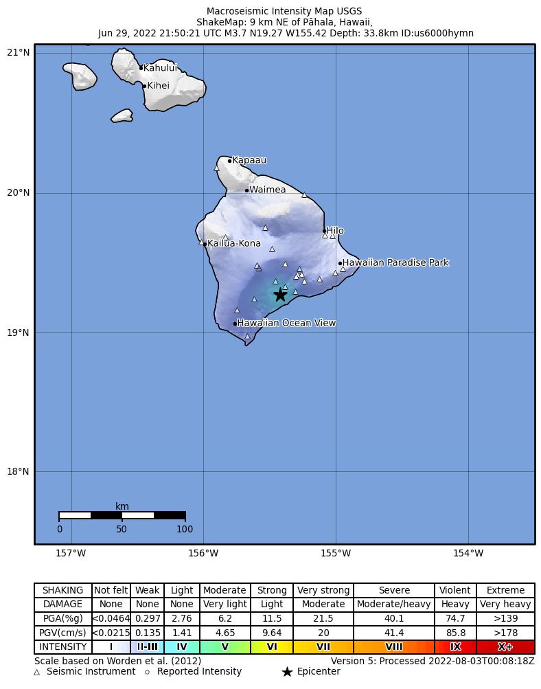 USGS ShakeMap intensity contours for the M3.5 earthquake near 9 km ENE of P?hala, Hawaii