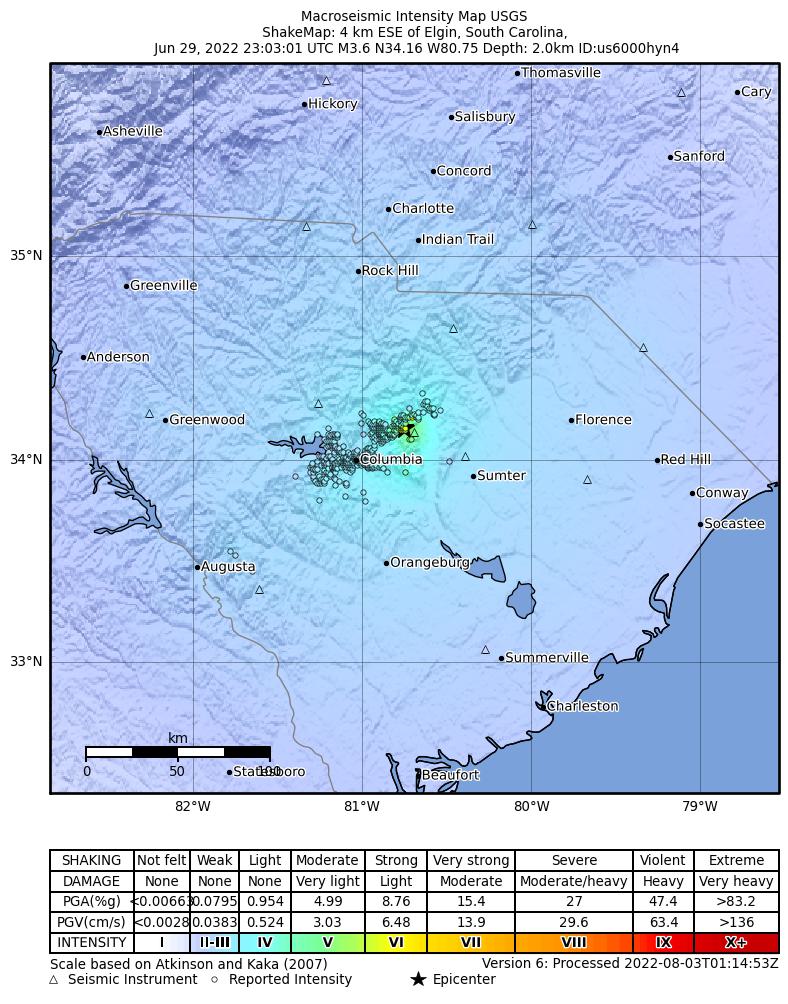 USGS ShakeMap intensity contours for the M3.6 earthquake near 6 km E of Elgin, South Carolina