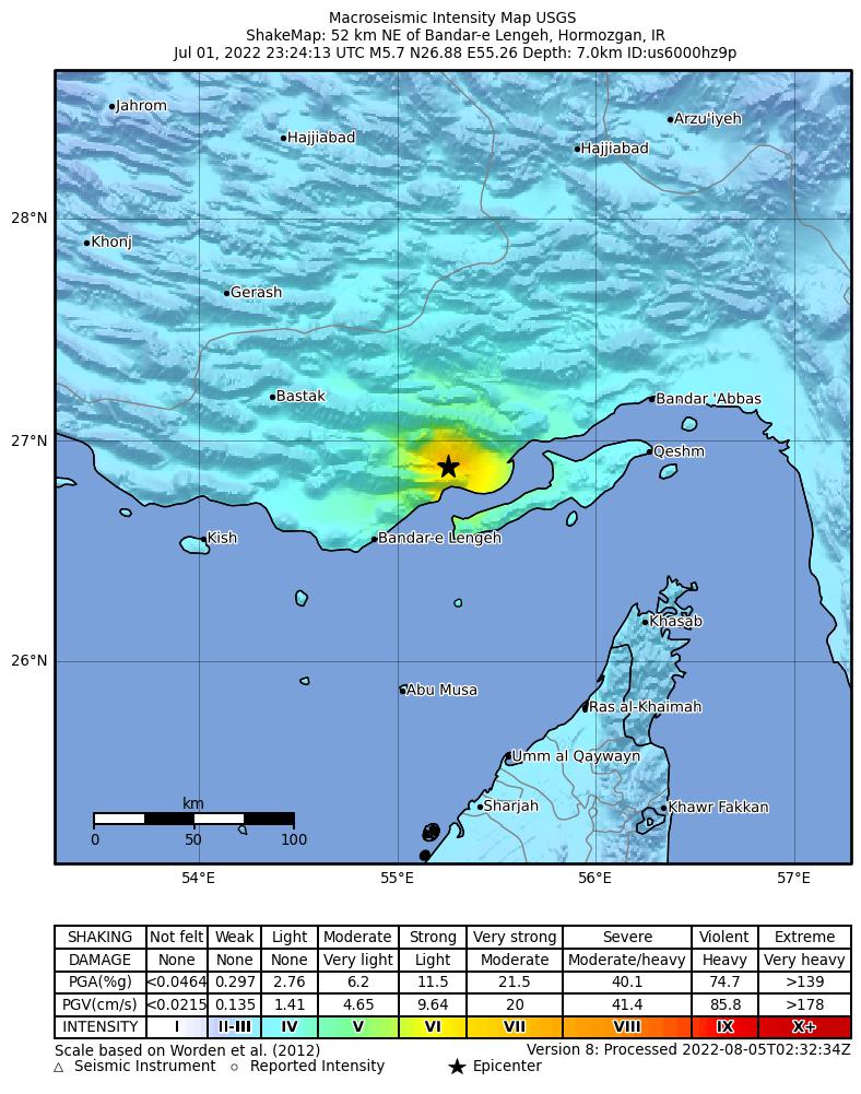 USGS ShakeMap intensity contours for the M5.7 earthquake near southern Iran
