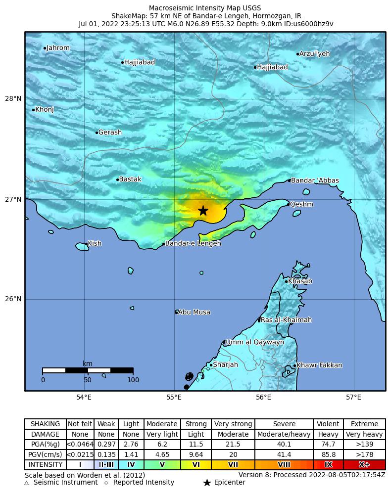 USGS ShakeMap intensity contours for the M6.0 earthquake near 57 km NE of Bandar-e Lengeh, Iran