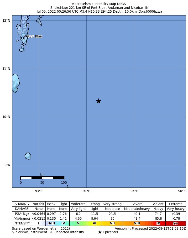 USGS ShakeMap intensity contours for the M5.4 earthquake near Andaman Islands, India region