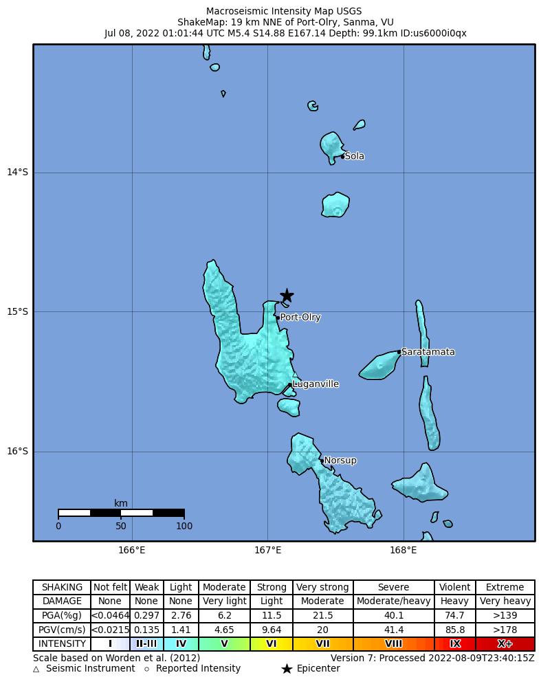 USGS ShakeMap intensity contours for the M5.4 earthquake near 19 km NNE of Port-Olry, Vanuatu
