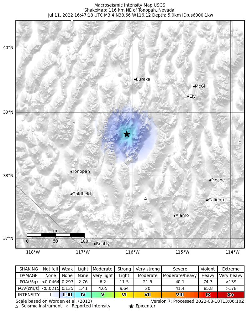 USGS ShakeMap: estimated shaking intensity around the epicenter