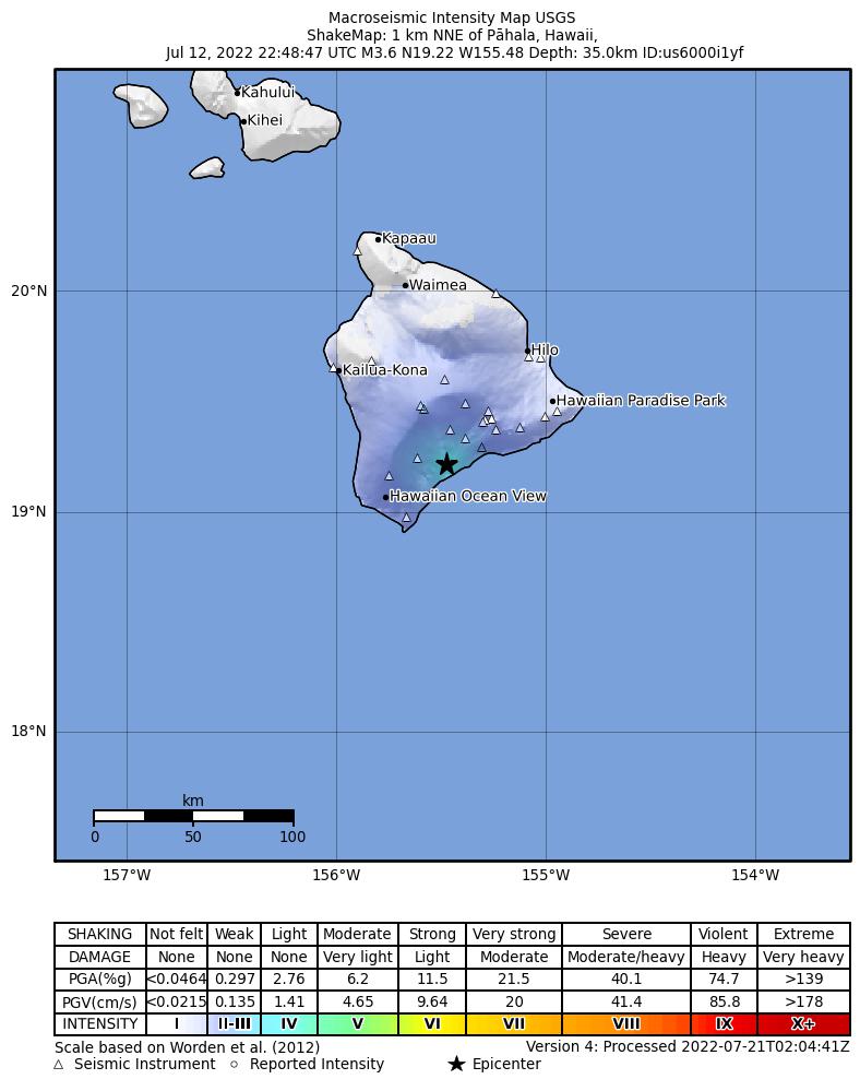 USGS ShakeMap intensity contours for the M3.5 earthquake near Island of Hawaii, Hawaii