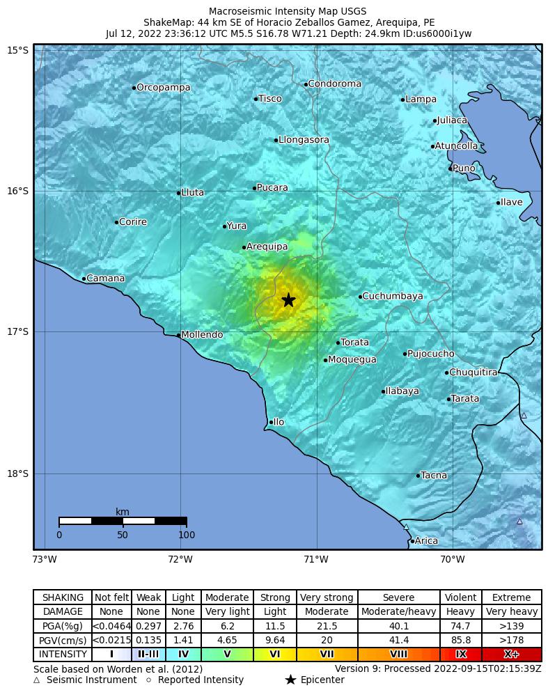 USGS ShakeMap intensity contours for the M5.5 earthquake near 3 km SW of La Capilla, Peru
