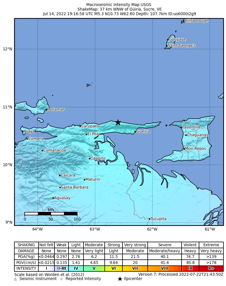 USGS ShakeMap intensity contours for the M5.3 earthquake near 37 km WNW of Güiria, Venezuela