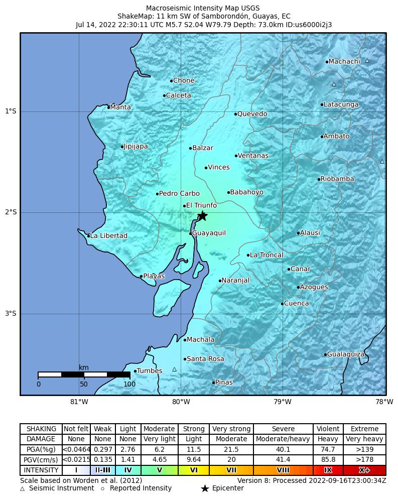 USGS ShakeMap intensity contours for the M5.7 earthquake near 11 km SW of Samborondón, Ecuador