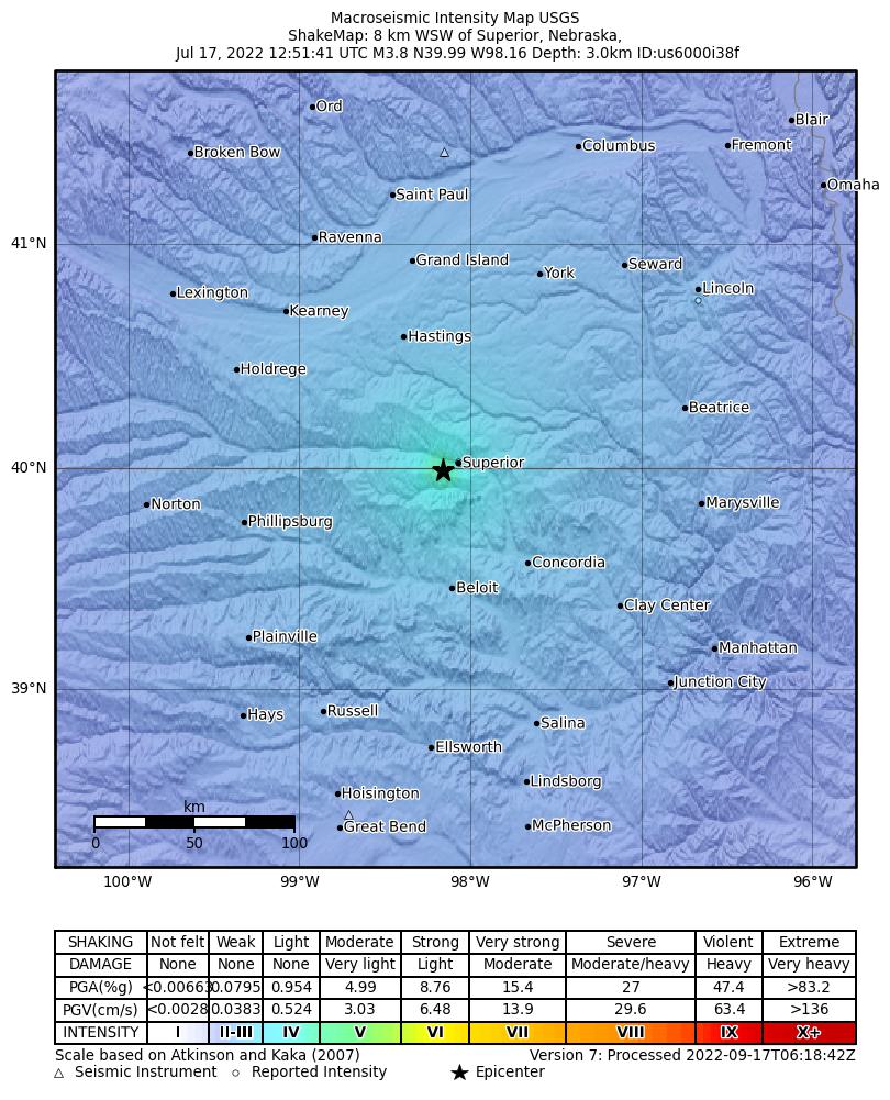 USGS ShakeMap: estimated shaking intensity around the epicenter