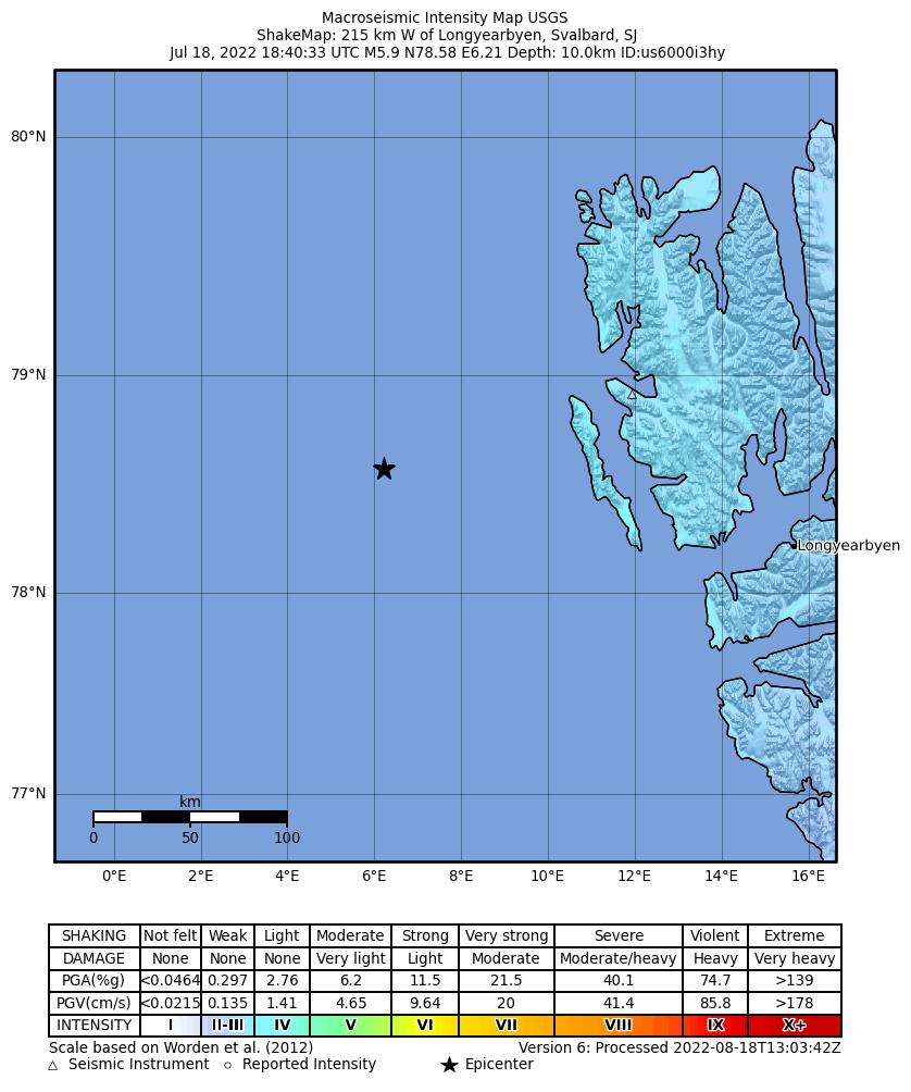 USGS ShakeMap intensity contours for the M5.9 earthquake near 215 km W of Longyearbyen, Svalbard and Jan Mayen