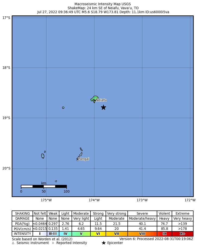 USGS ShakeMap intensity contours for the M5.6 earthquake near 24 km SE of Neiafu, Tonga