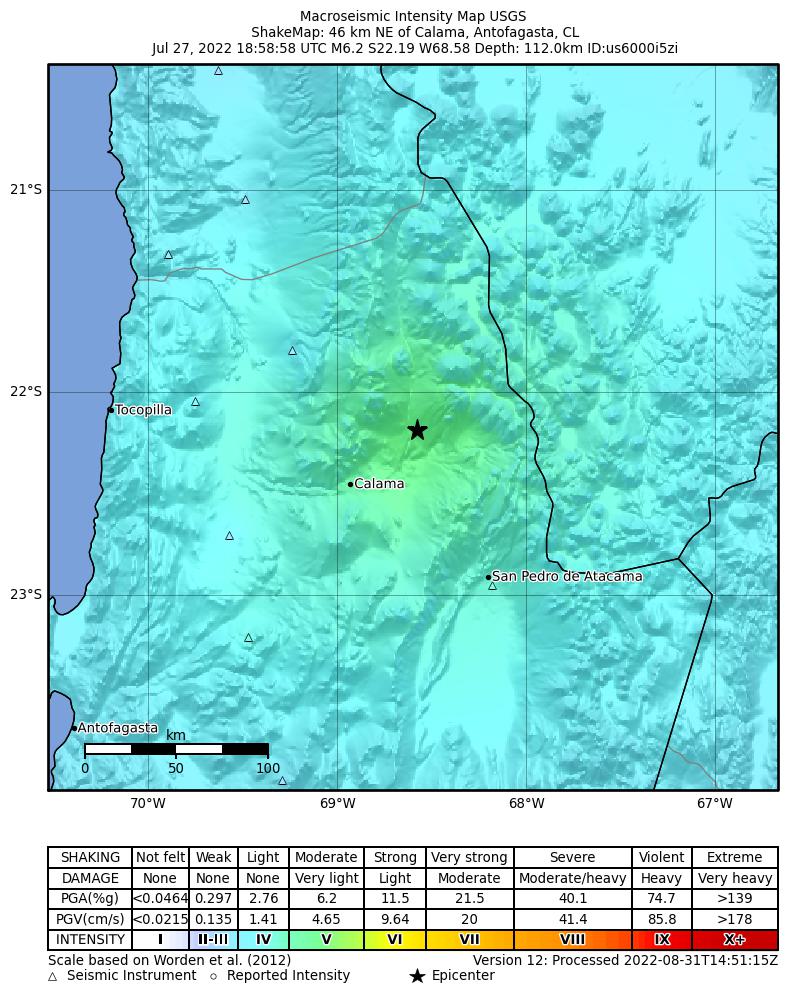 USGS ShakeMap intensity contours for the M6.2 earthquake near Antofagasta, Chile