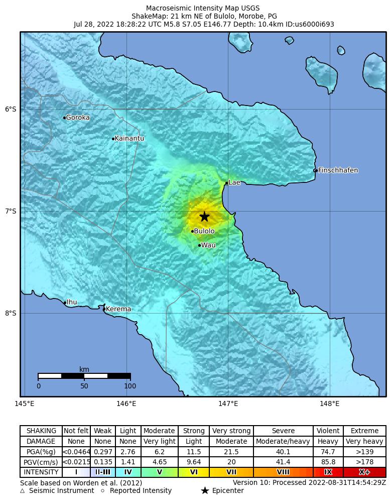 USGS ShakeMap intensity contours for the M5.8 earthquake near eastern New Guinea region, Papua New Guinea