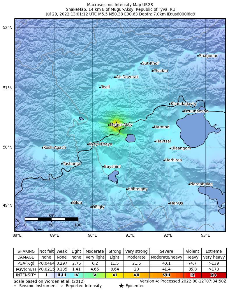 USGS ShakeMap intensity contours for the M5.5 earthquake near 14 km E of Mugur-Aksy, Russia