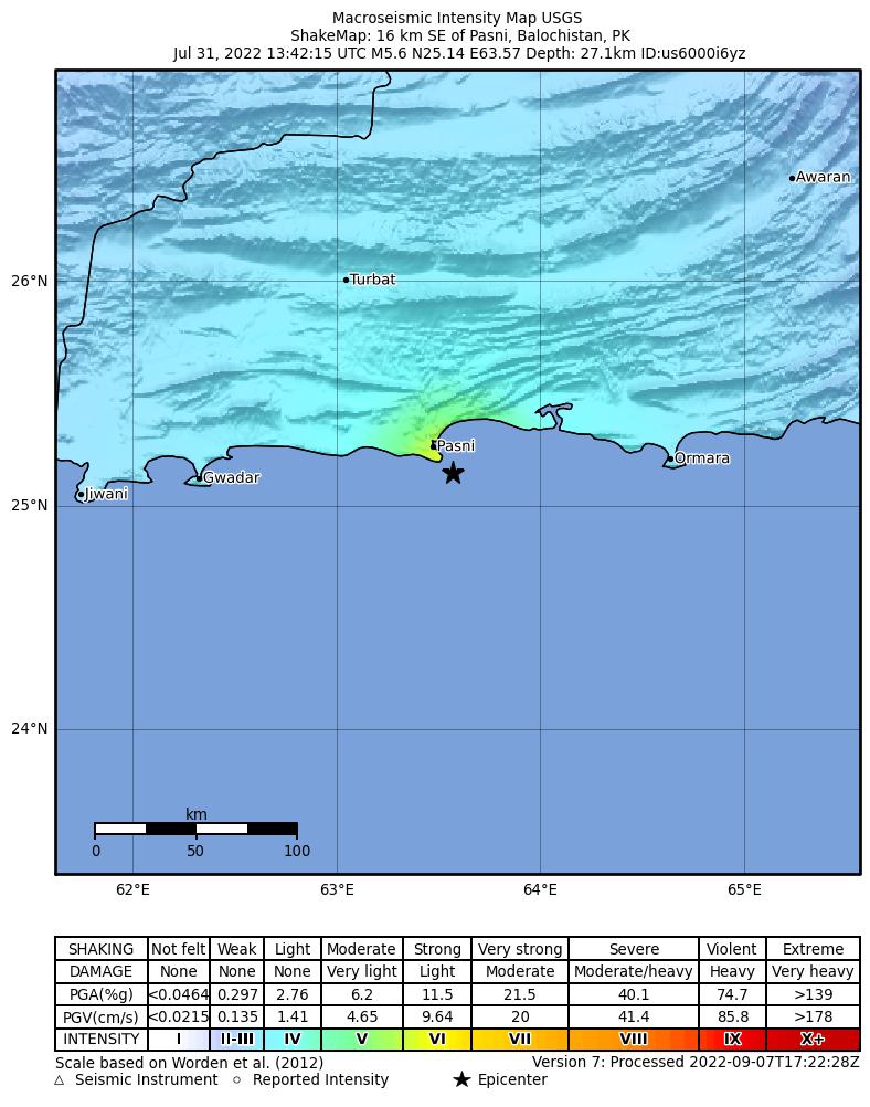 USGS ShakeMap intensity contours for the M5.6 earthquake near 16 km SE of Pasni, Pakistan