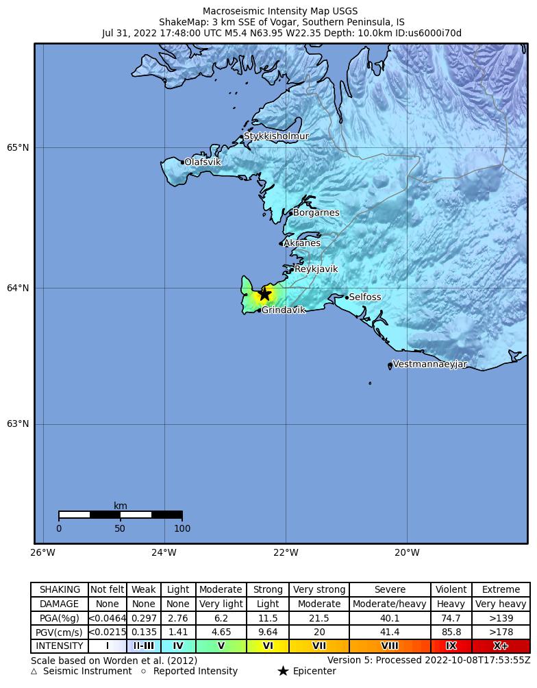 USGS ShakeMap intensity contours for the M5.4 earthquake near 3 km SSE of Vogar, Iceland