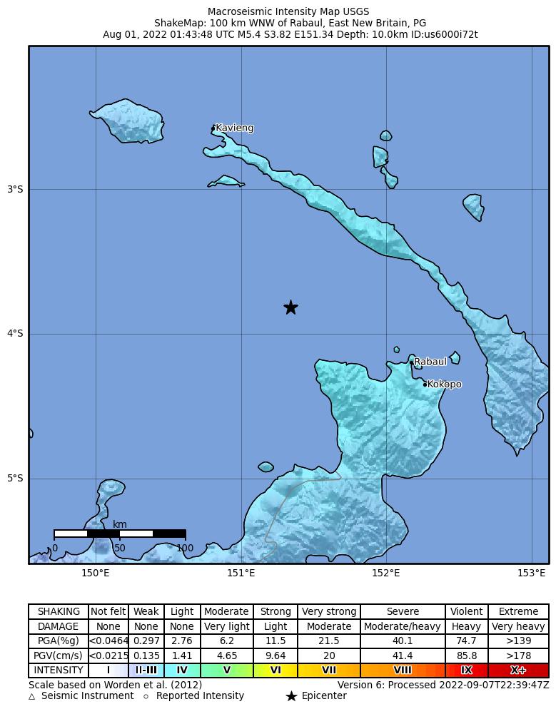 USGS ShakeMap intensity contours for the M5.4 earthquake near 100 km WNW of Rabaul, Papua New Guinea