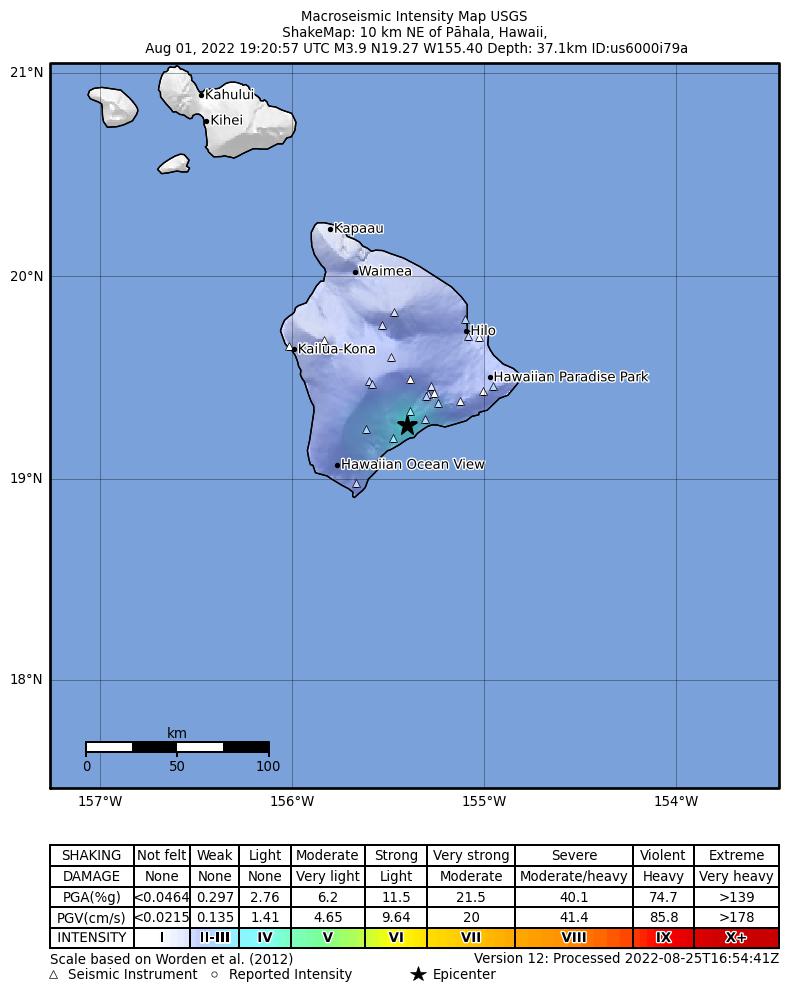 USGS ShakeMap intensity contours for the M3.7 earthquake near 10 km ENE of P?hala, Hawaii