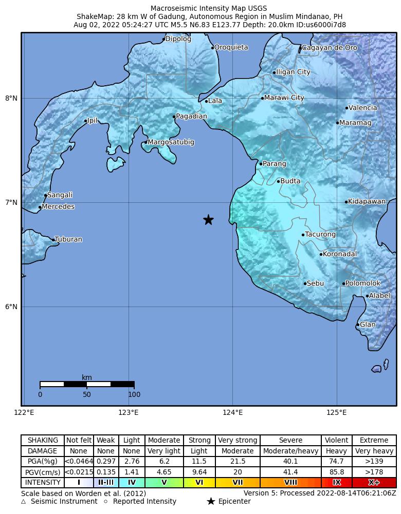 USGS ShakeMap intensity contours for the M5.5 earthquake near 28 km W of Gadung, Philippines